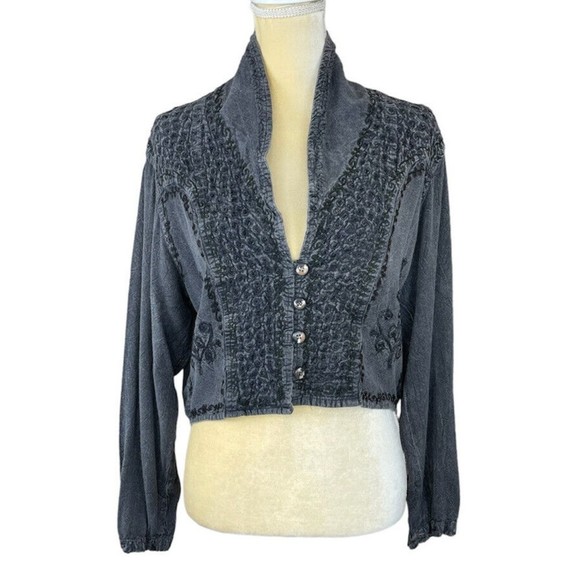 Women Log Sleeves Gray Cropped Jacket Free Size Embroidered - Picture 3 of 16